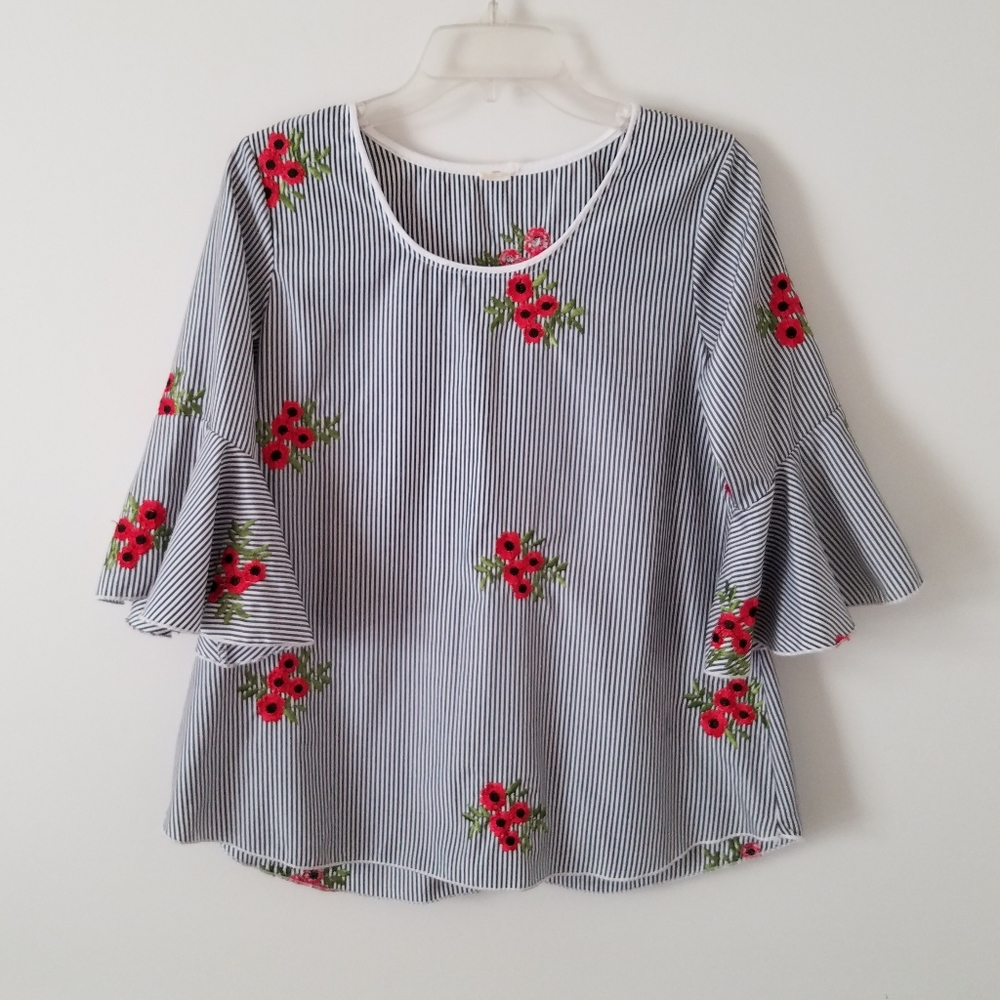 Lodys Striped Embroidered Bell Sleeve Top